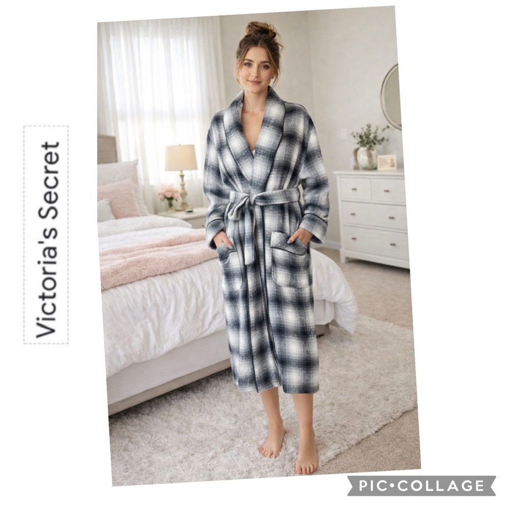 Rare Victoria’s Secret Gold Label Wool Blend Plaid Satin Lined Robe Wrap Coat